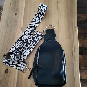 Black Leather Rhea Sling Bag with Black & White Printed Strap Coco And Carmen